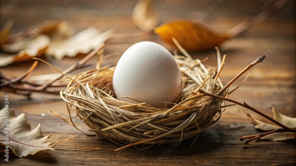 A single white egg nestled in a woven nest surrounded by dried leaves on a rustic wooden surface. A single white egg nestled in a woven nest surrounded by dried leaves on a rustic wooden surface.