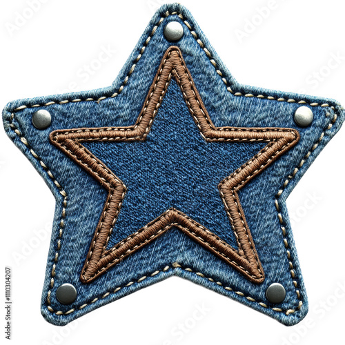 Denim star patch with stitching details and metallic accents for sewing projects