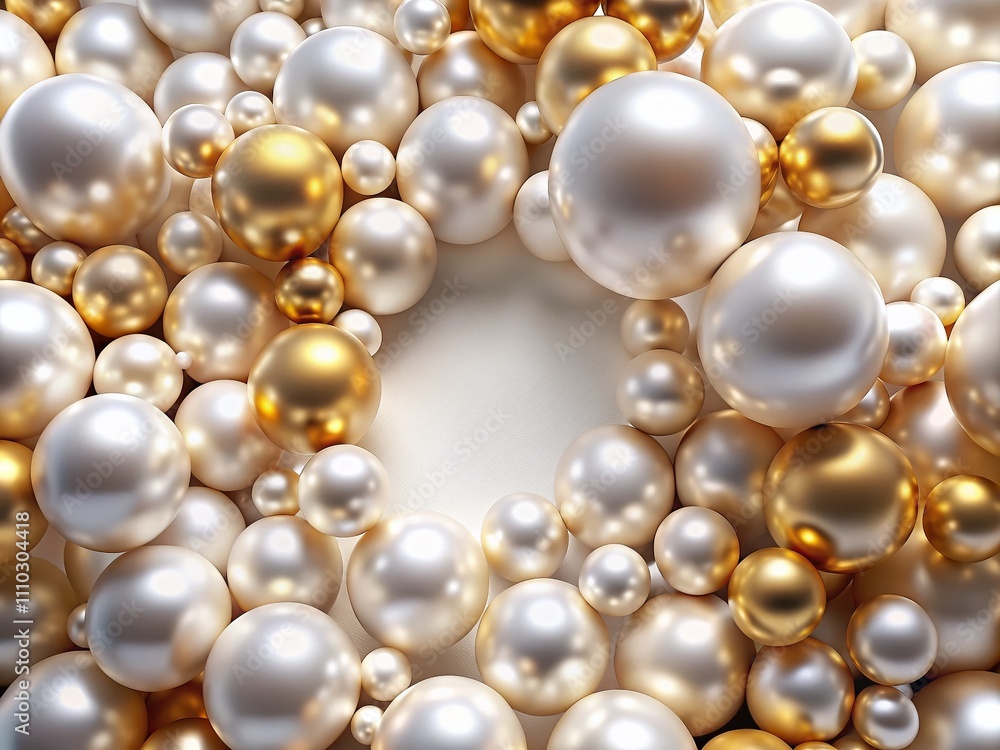 Elegant Composition of White and Golden Pearls and Beads in 3D Render, Showcasing Round Shapes and a Soft Background with Ample Copy Space for Various Uses Elegant Composition of White and Golden Pearls and Beads in 3D Render, Showcasing Round Shapes and a Soft Background with Ample Copy Space for Various Uses