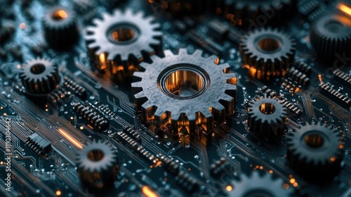 Intricate Close-Up of Metallic Gears on a Circuit Board, Symbolizing Technology and Innovation in Modern Industry and Engineering