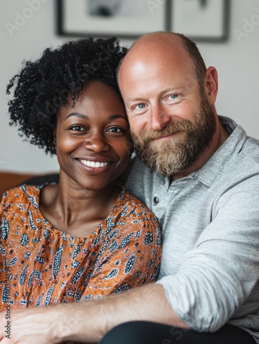 Portrait of multiethnic couple embracing and looking at camera sitting on sofa. Smiling african american woman hugging mid adult man sitting on couch from behind at home. Happy mixed race couple laug photo