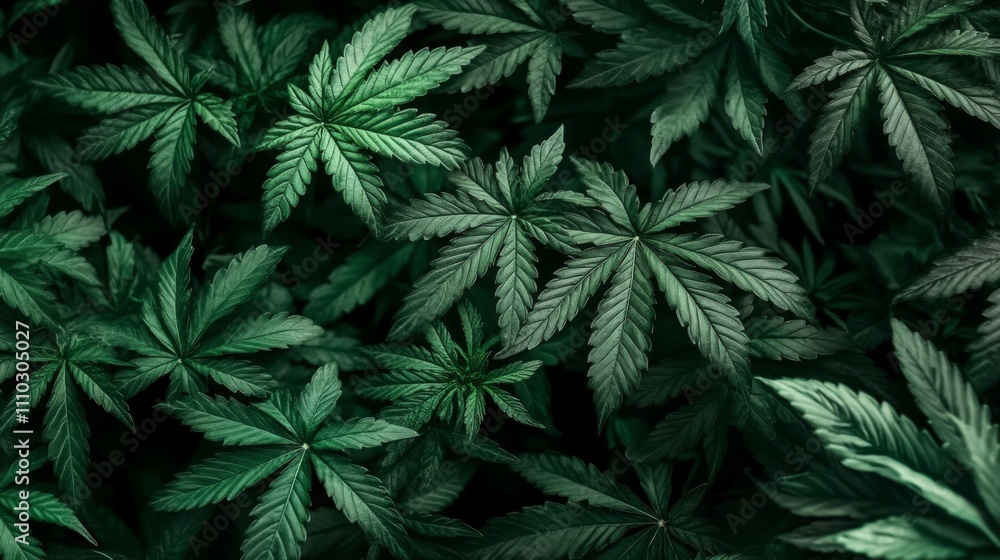 Close-up group green cannabis leaves are arranged lush Close-up group green cannabis leaves are arranged lush