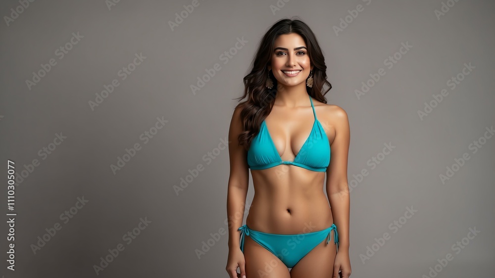 Fototapeta premium A confident pashtun woman in a stylish bikini swimsuit stands in a studio, smiling at the camera with copy space