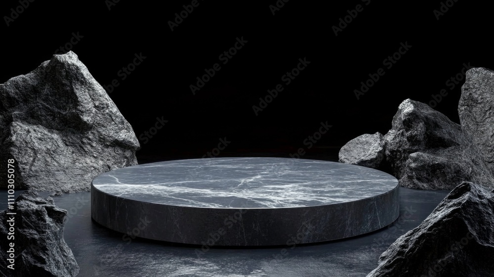 Fototapeta premium Circular platform middle dark room large rocks either black stone podium