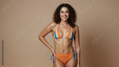 A confident sephardi woman in a stylish bikini swimsuit stands in a studio, smiling at the camera with copy space