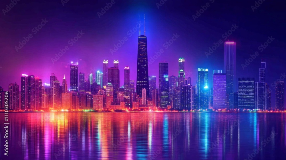Beautiful night view Chicago skyline lit up illuminated Beautiful night view Chicago skyline lit up illuminated