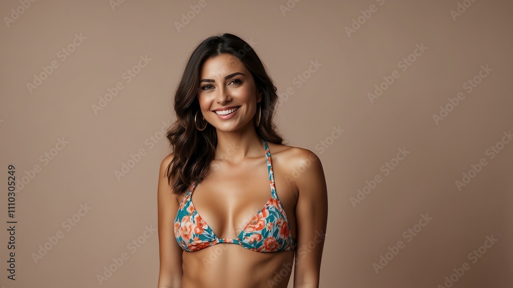 A confident italian woman in a stylish bikini swimsuit stands in a studio, smiling at the camera with copy space A confident italian woman in a stylish bikini swimsuit stands in a studio, smiling at the camera with copy space