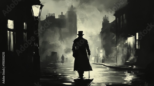 Black white illustration man walking wet street night victorian era detective