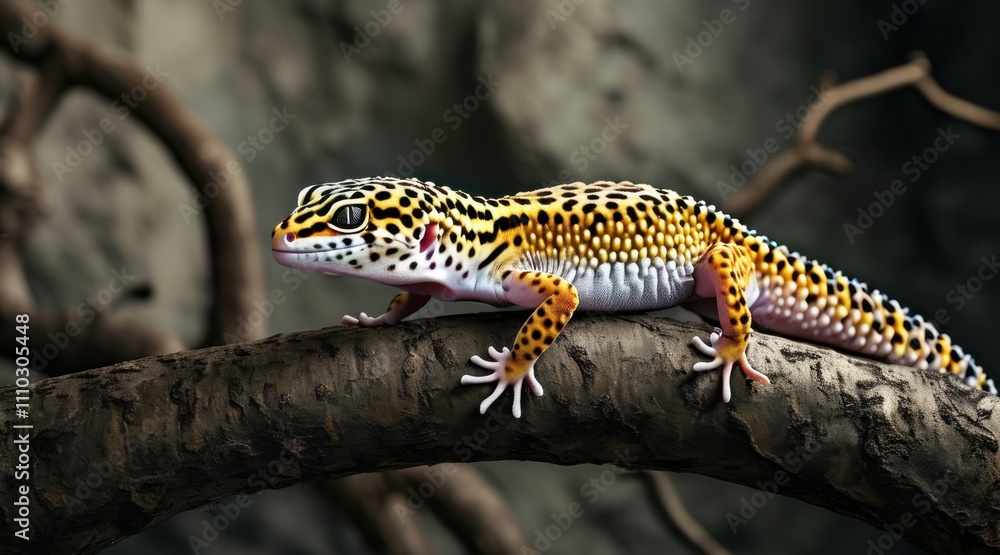 Naklejka premium Leopard Gecko on Twigs: A Cinematic Nature Portrait