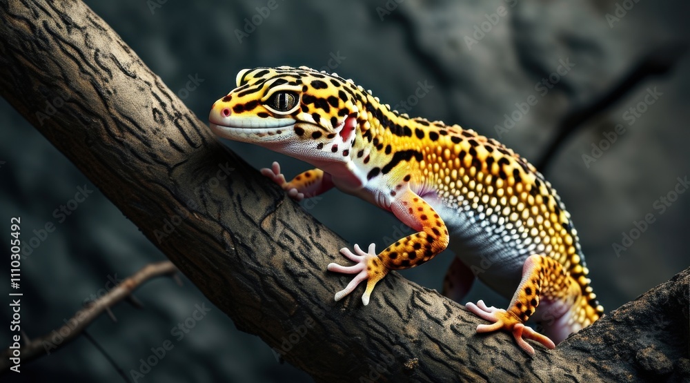 Obraz premium Leopard Gecko on Twigs: A Cinematic Nature Portrait