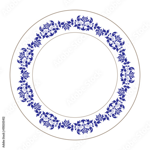 Porcelain plate with oriental blue on white with gold abstract floral ornament in traditional China design style. Vintage, ethnic Porcelain Plate floral design. Frame for round surfaces, embroidery