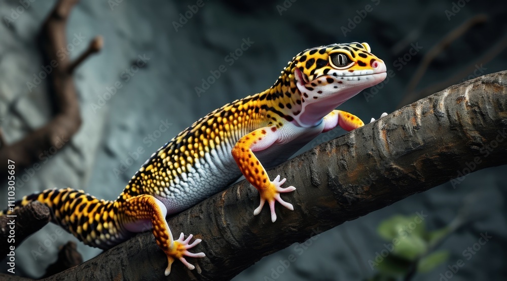 Obraz premium Leopard Gecko on Twigs: A Cinematic Nature Portrait