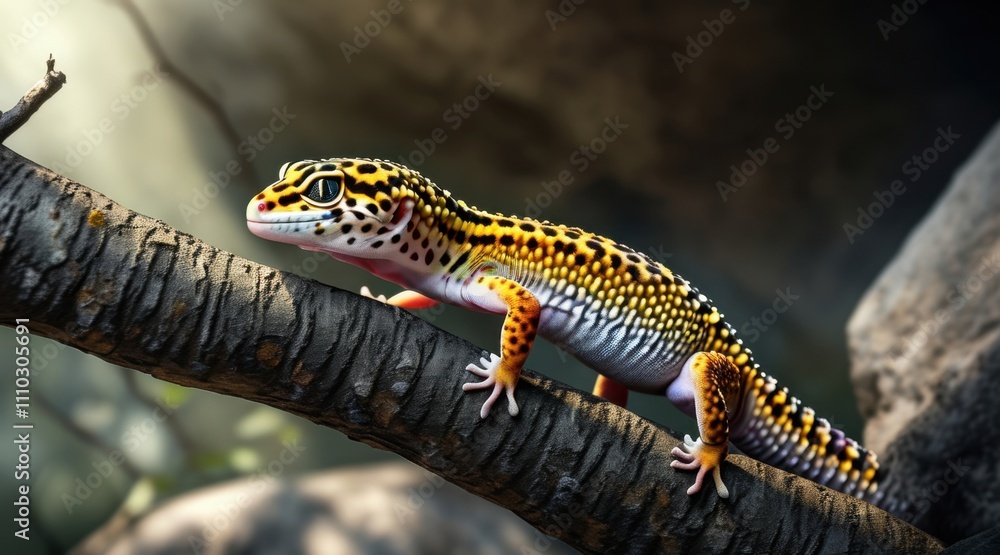 Leopard Gecko on Twigs: A Cinematic Nature Portrait Leopard Gecko on Twigs: A Cinematic Nature Portrait