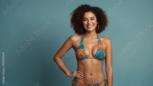 A confident berber woman in a stylish bikini swimsuit stands in a studio, smiling at the camera with copy space