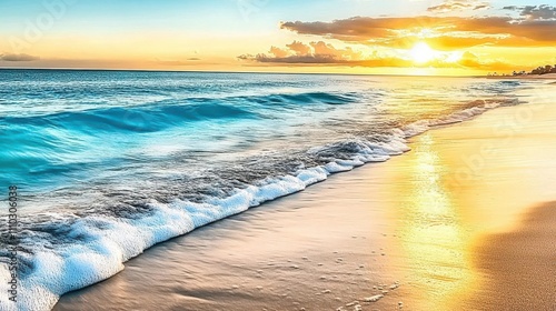 Fototapeta Naklejka Na Ścianę i Meble -  Travel image with a beautiful beach with soft waves and the sun in the background between the clouds