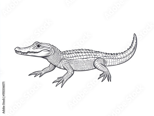 Here's a and keyword list suitable for a stock photo site.. Line art illustration of an alligator.