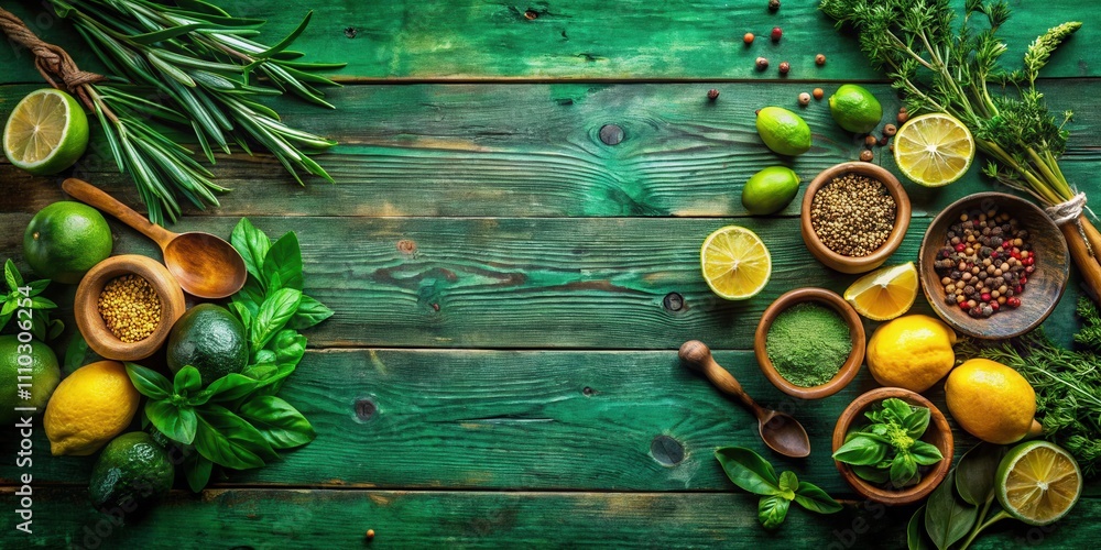 A rustic green wooden surface with a vibrant selection of fresh ingredients, including lemons, limes, herbs, and spices, forming a border around the center of the table, ready for culinary creations. A rustic green wooden surface with a vibrant selection of fresh ingredients, including lemons, limes, herbs, and spices, forming a border around the center of the table, ready for culinary creations.