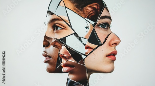 Gender inequality represented by a fragmented mirror with an uneven reflection of diverse faces, Emphasizing the disparity and challenges faced by different genders, minimalist style