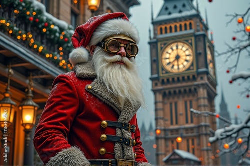 Steampunk santa in red suit with goggles in snowy london setting