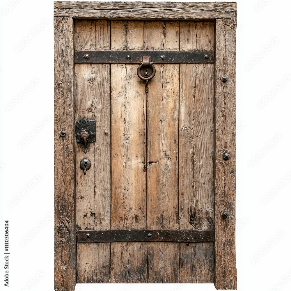 Antique wooden door, iron bands, aged look. Antique wooden door, iron bands, aged look.