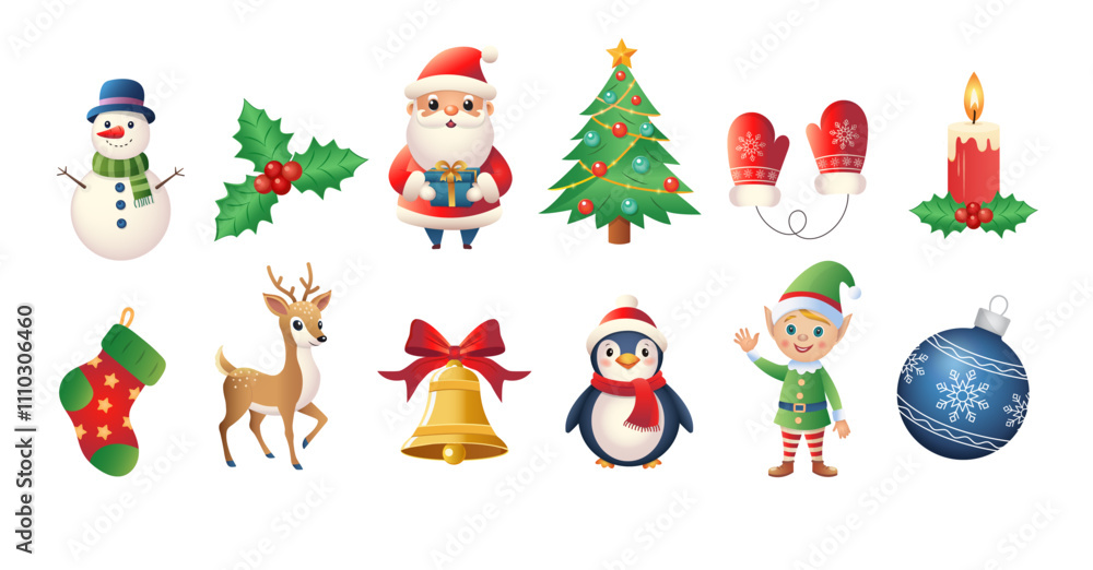 A set of Christmas illustrations. Suitable for winter and New Year themes. Santa Claus; deer; penguin; snowman; candle; sock; holly; Christmas tree; bell; mittens; Christmas ball. A set of Christmas illustrations. Suitable for winter and New Year themes. Santa Claus; deer; penguin; snowman; candle; sock; holly; Christmas tree; bell; mittens; Christmas ball.