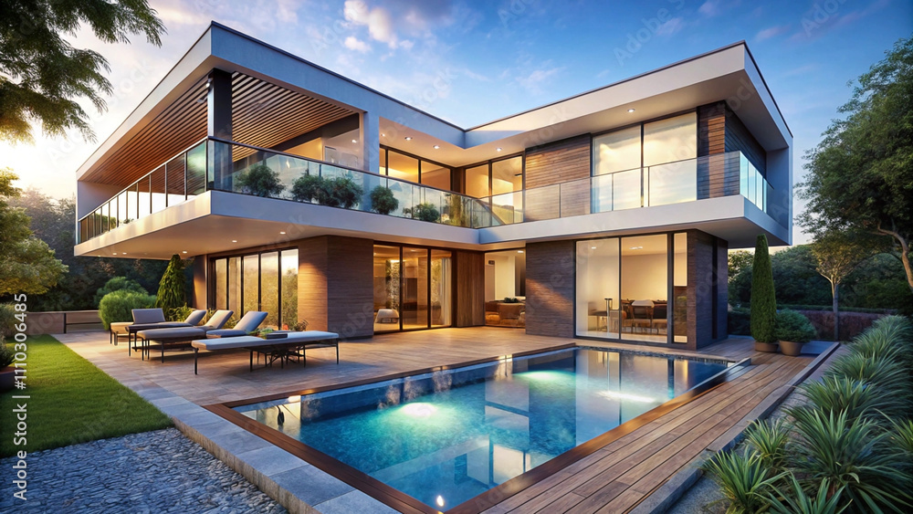 Fototapeta premium Modern luxury house with pool and patio at sunset.