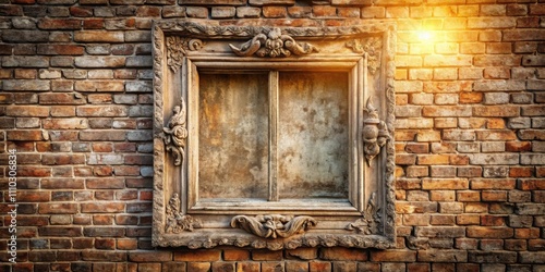 An intricate stone frame embellishes a weathered brick wall, bathed in the warm glow of the setting sun.