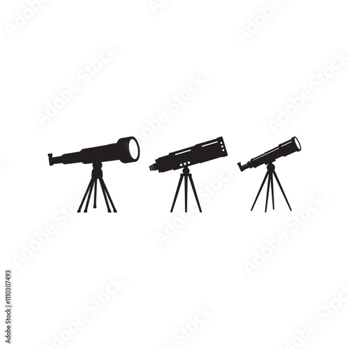 telescope magnification spyglass monocular tripod equipment optical  instrument icon collection set silhouette vector art flat design