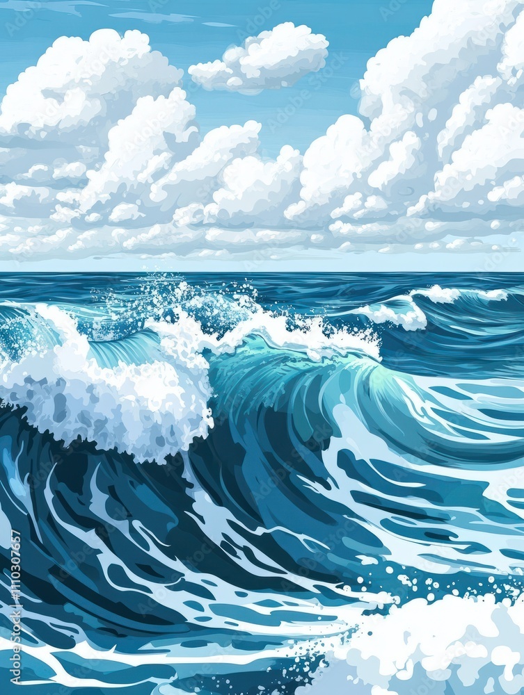Sea waves background. Ocean wave pattern, water surface or beach landscape. Cartoon sky white clouds, blue splashes recent vector illustration
