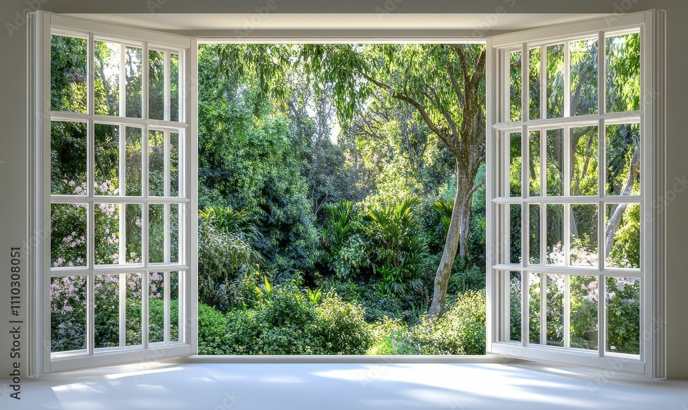 Lush garden viewed through open, white window panes. Lush garden viewed through open, white window panes.