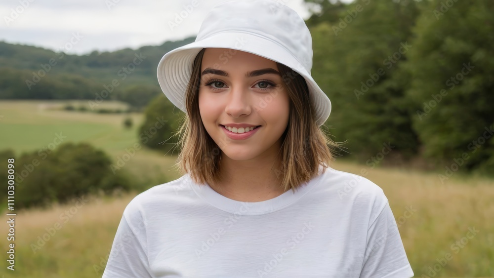 Teenage girl with short hair wearing white t-shirt and white bucket hat standing in nature Teenage girl with short hair wearing white t-shirt and white bucket hat standing in nature