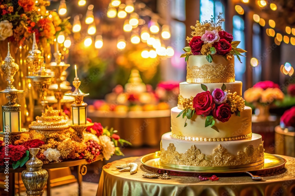 Elegant Panoramic Photography of a Luxurious Cake Adorned with Gold Leaf Accents, Perfect for Celebrations and Special Occasions, Highlighting Opulence and Culinary Artistry Elegant Panoramic Photography of a Luxurious Cake Adorned with Gold Leaf Accents, Perfect for Celebrations and Special Occasions, Highlighting Opulence and Culinary Artistry