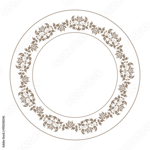 Porcelain plate with oriental golden on white abstract floral ornament in traditional China design style. Vintage, ethnic Porcelain Plate floral design. Frame for round surfaces, embroidery, textiles.
