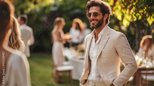 Fototapeta Naklejka Na Ścianę i Meble -  A stylish man wearing a linen suit and loafers at an outdoor garden party, embodying summer sophistication.