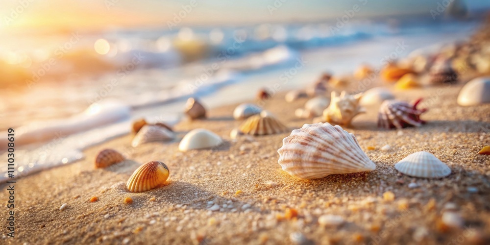 Fototapeta premium Seashells scattered on the beach, the sun setting over the ocean, a beautiful reminder of summer's warmth