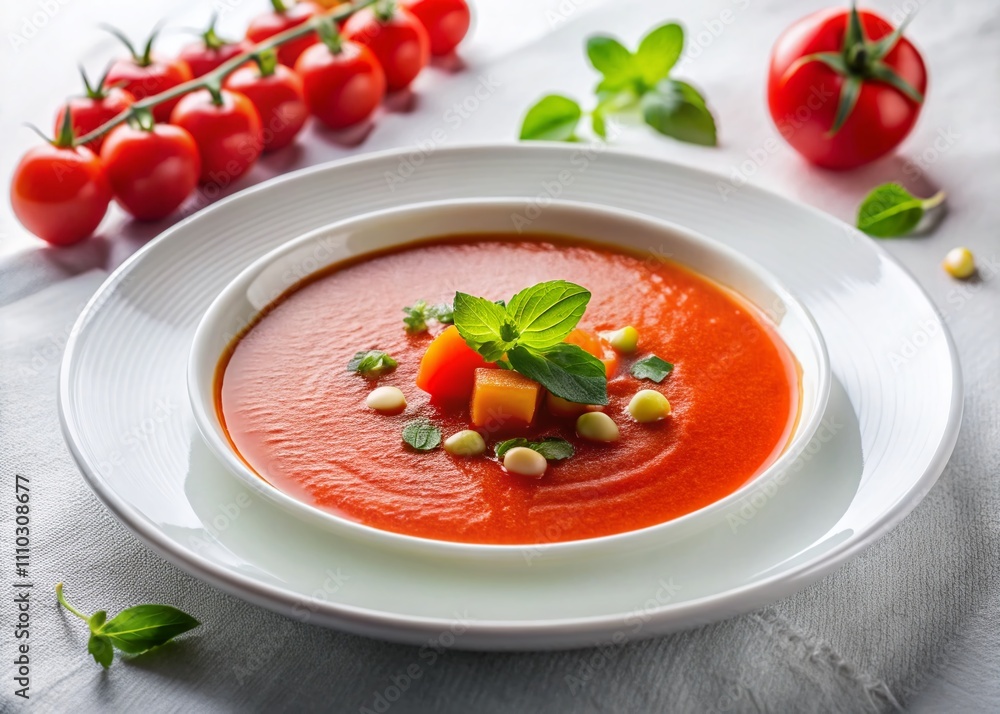 Elegant Presentation of Spanish Tomato Gazpacho Soup in a White Plate with Long Exposure Effect, Emphasizing Texture and Fresh Ingredients for Culinary Art Photography Elegant Presentation of Spanish Tomato Gazpacho Soup in a White Plate with Long Exposure Effect, Emphasizing Texture and Fresh Ingredients for Culinary Art Photography