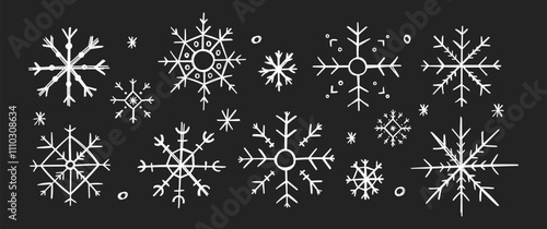 Hand drawn Christmas illustration of snowflakes with crayon or pencil texture. White doodle vector illustration on a blackboard.