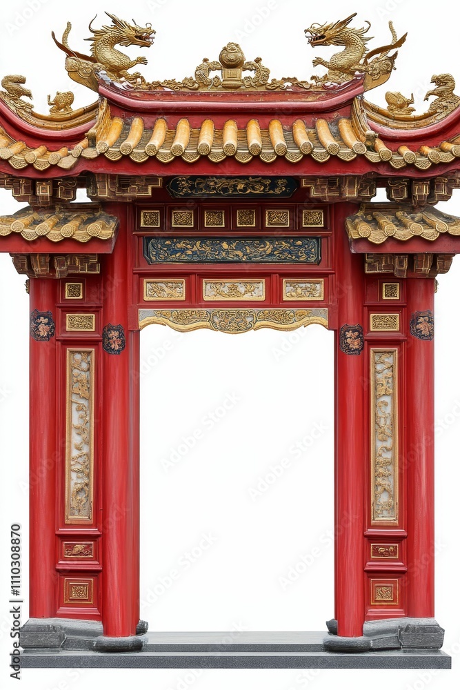 Ornate red and gold gateway, dragon detail. Ornate red and gold gateway, dragon detail.