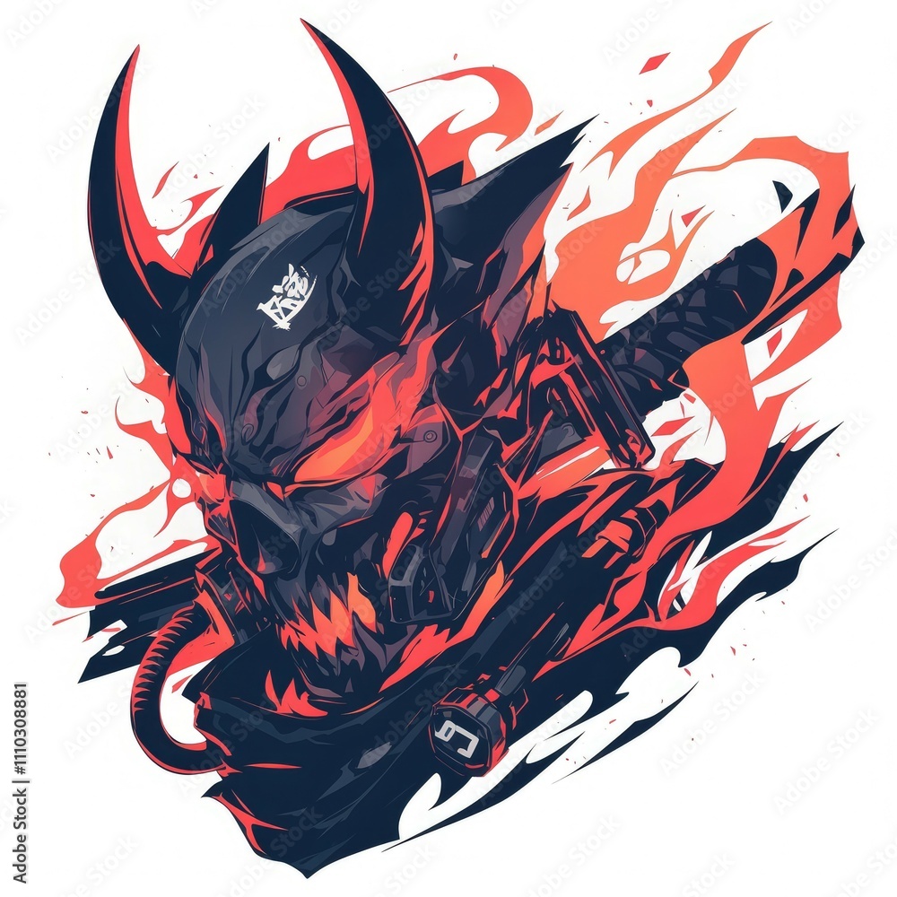 Fiery demon skull in samurai armor. Fiery demon skull in samurai armor.