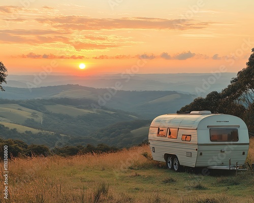 Wallpaper Mural Caravan parked at sunset in scenic landscape ,Camper van adventure at sunrise, off-grid travel lifestyle in scenic mountain landscape ,Minimalist travel experience ,Remote nature retreat Torontodigital.ca