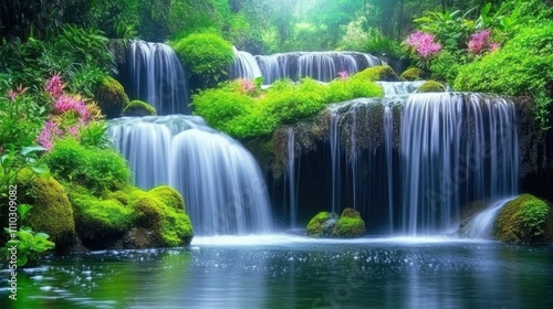 Serene waterfall cascading through lush greenery in a tranquil setting with vibrant flowers