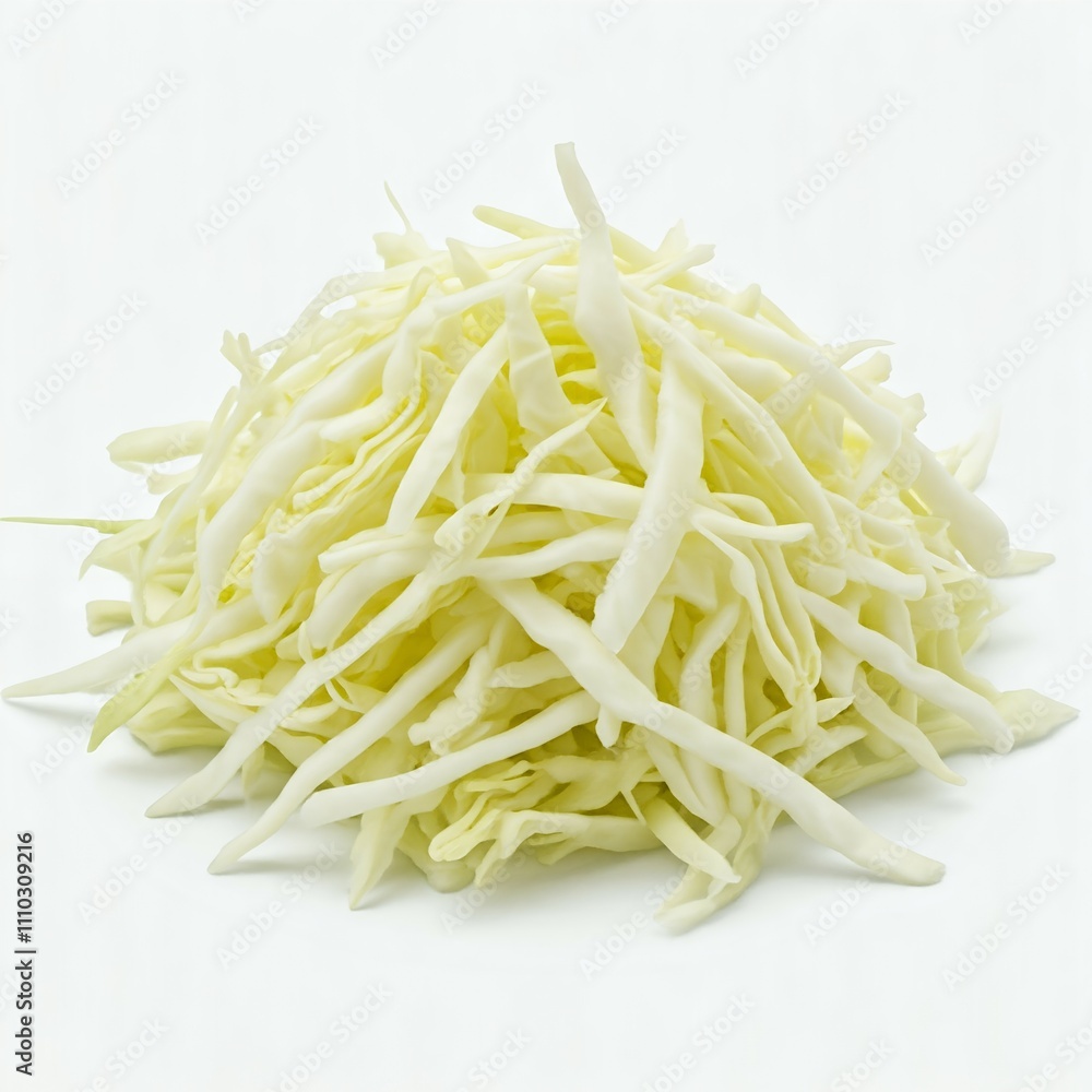 A pile of shredded cabbage on a white background. A pile of shredded cabbage on a white background.