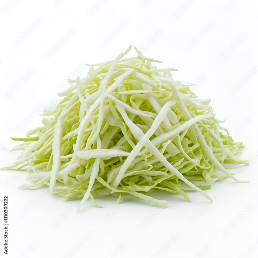 A pile of shredded cabbage on a white background.
