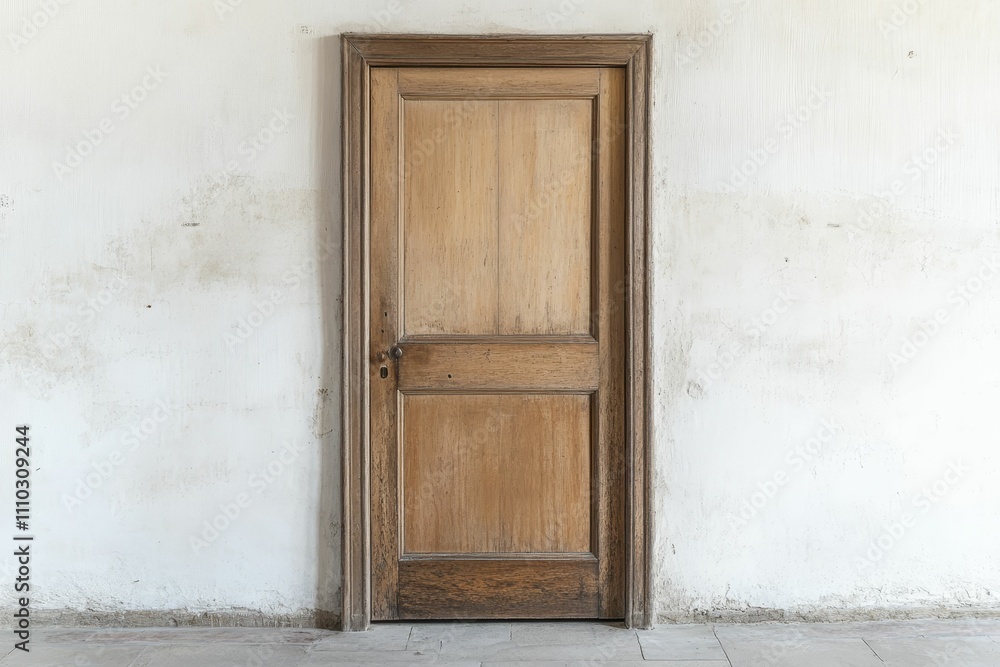 Fototapeta premium Aged wooden door in weathered white wall.