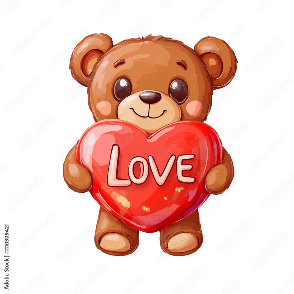 Fototapeta premium A charming illustration of a teddy bear holding a red heart, with soft features and a sweet expression, isolated on a transparent background. Perfect for romantic, Valentine’s Day, or gift themes