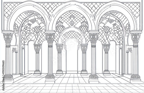 Here's a possible  and keyword list for your image.. Architectural sketch of ornate hall with arches and columns. photo