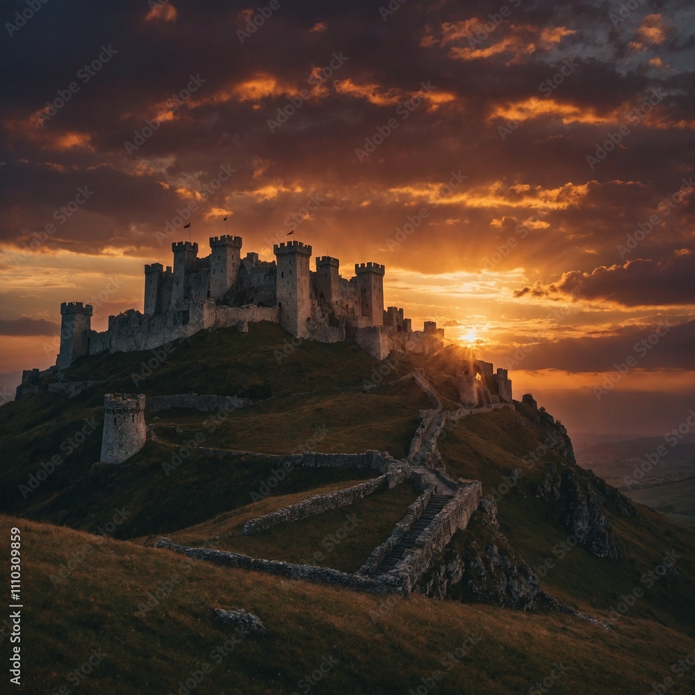 Fototapeta premium An ancient castle on a hilltop, with torches lighting its walls and a dramatic sunset in the background.