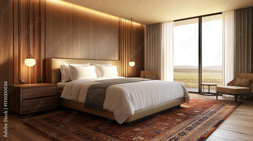The corner view of the hotel bedroom interior offers a cozy, elegant atmosphere, designed for relaxation and comfort. The corner view of the hotel bedroom interior offers a cozy, elegant atmosphere, designed for relaxation and comfort.