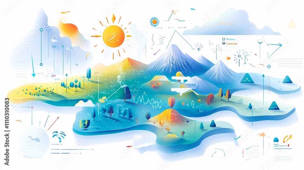 Naklejka premium Vibrant Illustrative Landscape Featuring Mountains, Sun, Trees, and Abstract Geometric Shapes in a Whimsical Style with Bright Colors and Dynamic Elements