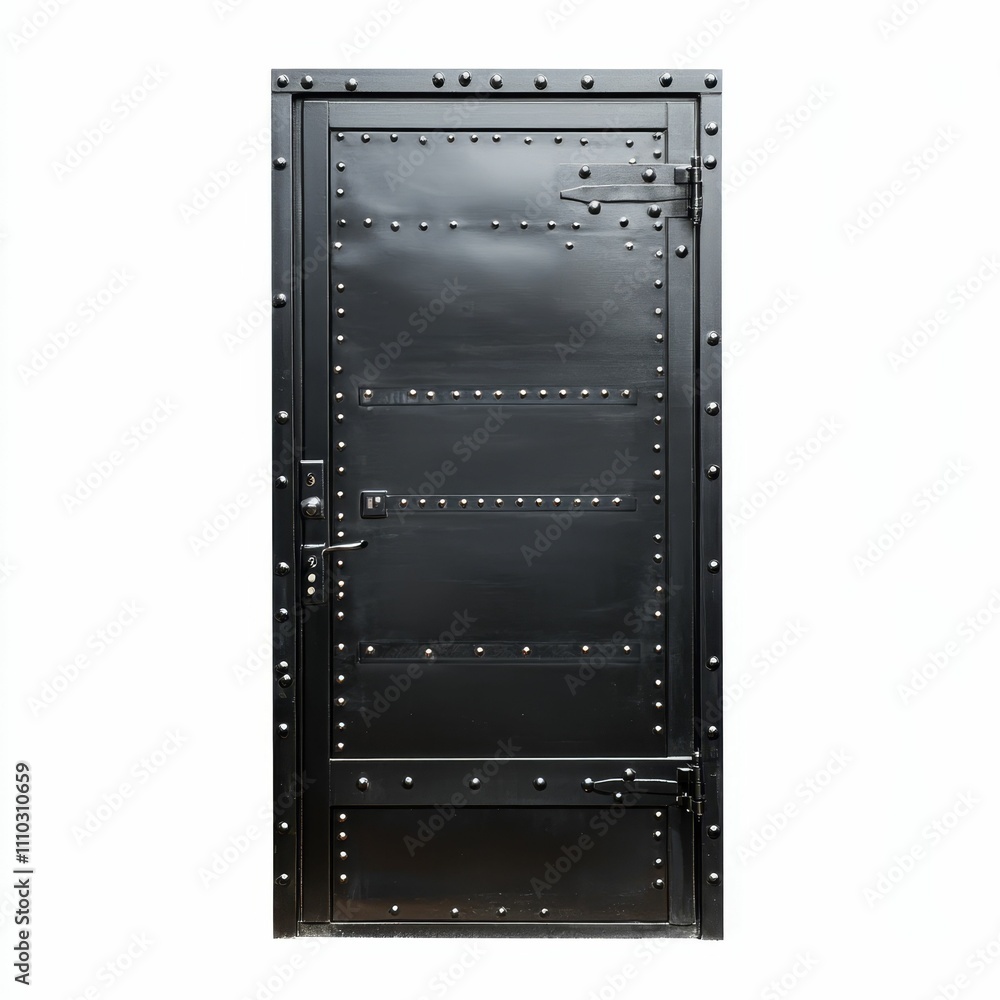 Black metal door, riveted, industrial style. Black metal door, riveted, industrial style.